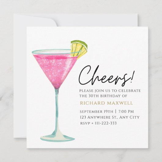 ホワイト&ピンクカクテルエレガントパーティー誕生日 招待状 (正面)