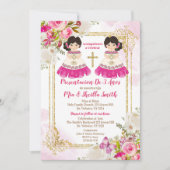 ホワイト&ピンクガールツインPresentacion De 3アノス 招待状 (正面)