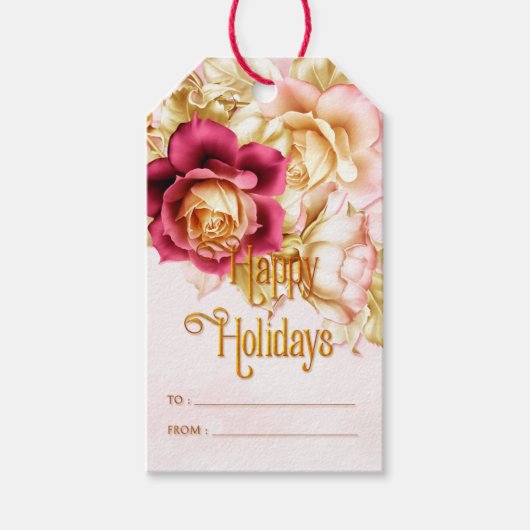 ホワイト&ピンククリスマスバラハッピーホリデー ギフトタグ (正面)