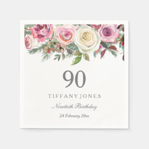 ホワイト&ピンクローズエレガントカスタム90th誕生日 スタンダードカクテルナプキン