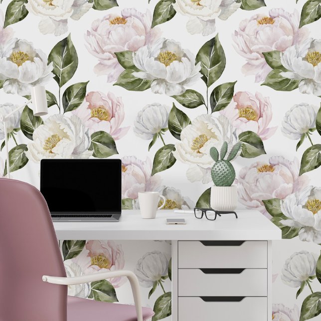 ホワイト&ピンク牡丹フローラ水彩植物学 壁紙 (White & Pink Peonies Floral Watercolor Botanical Wallpaper (Office))