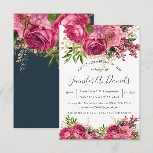 ホワイト ピンク ウォーターカラー フローラル ブライダル シャワー 招待状 (正面/裏面)