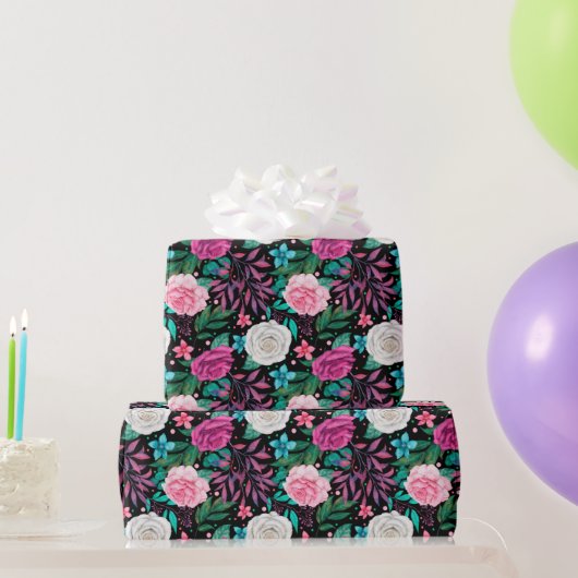 ホワイト ピンク バーガンディ ローズ ウェディング ラッピングペーパー (パーティーギフト)