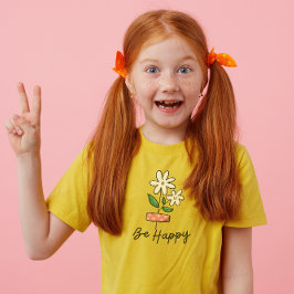 ホワイト ピンク フラワー ビー ハッピー キッズTシャツ Tシャツ
