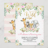 ホワイト ピンク フローラル ワイルド ワン バースデー インビテーション (正面/裏面)