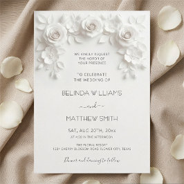 ホワイト フェイク リリーフ ローズ フレーム ウェディング ミニマリスト 招待状