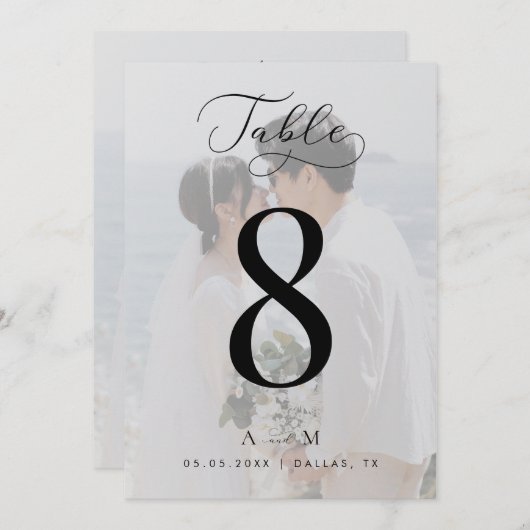 ホワイト フェード フォト モノグラム ウェディング 5x7 テーブル ナンバー 招待状 (正面/裏面)