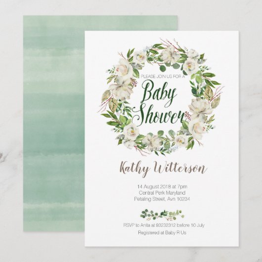 ホワイト フラワーのベイビーシャワー 招待状カード 招待状 (正面/裏面)
