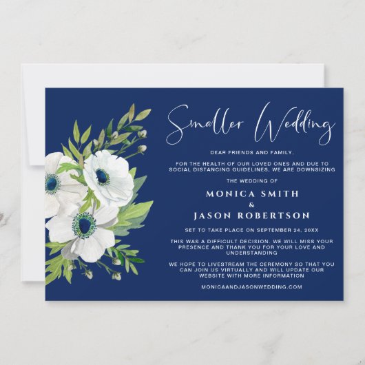 ホワイト フラワーズ ウォーターカラー ネイビーブルー 小規模な結婚式 案内状 (正面)