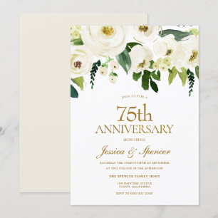 ホワイト フラワーズ & クリーム 75周年 結婚記念日 招待状
