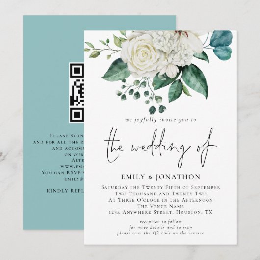 ホワイト フラワーズ ユーカリ QR コード ウェディング 招待状 (正面/裏面)