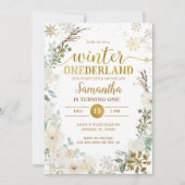ホワイト フローラル ウィンター オンダーランド 1歳の誕生日 招待状 (正面)