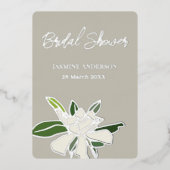 ホワイト フローラル ガーデニア シンプル ガーデン ブライズ シャワー 箔招待状 (正面)