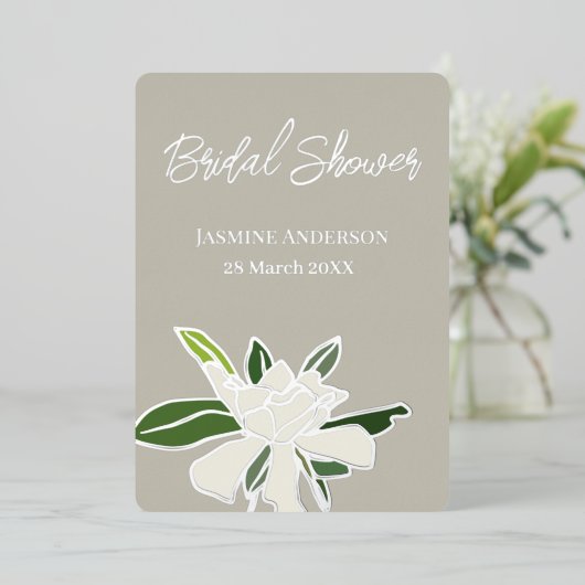 ホワイト フローラル ガーデニア シンプル ガーデン ブライズ シャワー 箔招待状 (立ち正面)