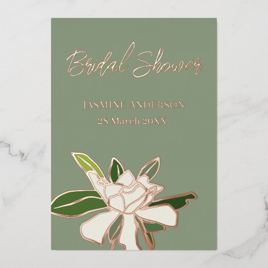 ホワイト フローラル ガーデニア シンプル ガーデン ブライズ シャワー 箔招待状 (正面)