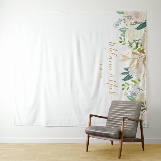 ホワイト フローラル グリーンの結婚式写真用背景 タペストリー (インサイチュ(横))