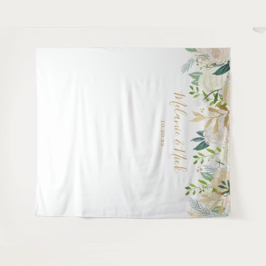 ホワイト フローラル グリーンの結婚式写真用背景 タペストリー (正面(横))