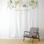 ホワイト フローラル グリーンの結婚式写真用背景 タペストリー (インサイチュ)