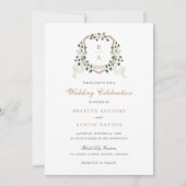 ホワイト フローラル グリーン アイビー モノグラム クレスト ウェディング 招待状 (正面)