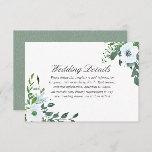 ホワイト フローラル グリーン ウェディング 詳細 レセプション エンクロージャーカード (正面/裏面)