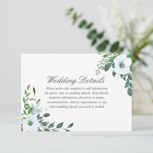ホワイト フローラル グリーン ウェディング 詳細 レセプション エンクロージャーカード (スタンド正面)