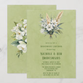ホワイト フローラル グリーン ペイントされた ブライズメイドのランチョン 招待状 (正面/裏面)