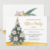 ホワイト フローラル ゴールド オーナメント クリスマス ツリー パーティ 招待状 (正面/裏面)