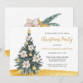 ホワイト フローラル ゴールド オーナメント クリスマス ツリー パーティ 招待状 (正面/裏面)