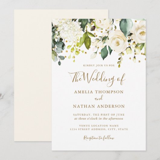 ホワイト フローラル ゴールド コンフェッティ ウェディング 招待状 (正面/裏面)