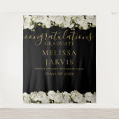 ホワイト フローラル ゴールド スクリプト 卒業写真 背景 タペストリー (正面)