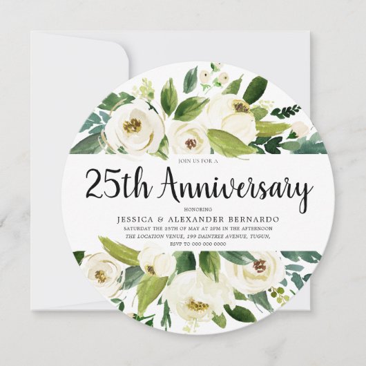ホワイト フローラル シルバー 25周年 結婚記念日 招待状 (正面)