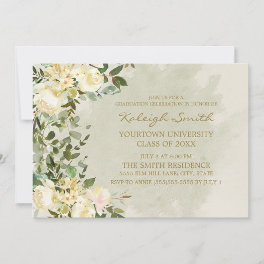 ホワイト フローラル セージ グリーン リーフ 卒業パーティー 招待状 (正面)