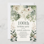 ホワイト フローラル セージ グリーン 葉 100歳の誕生日 招待状 (正面)