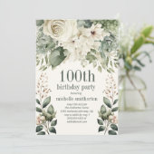 ホワイト フローラル セージ グリーン 葉 100歳の誕生日 招待状 (スタンド正面)