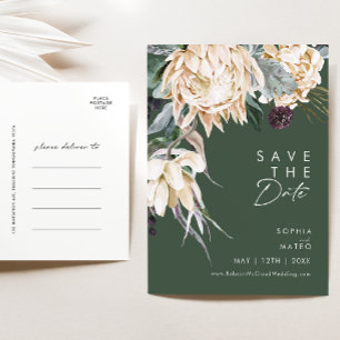 ホワイト フローラル   ダーク グリーン Save The Date ポストカード