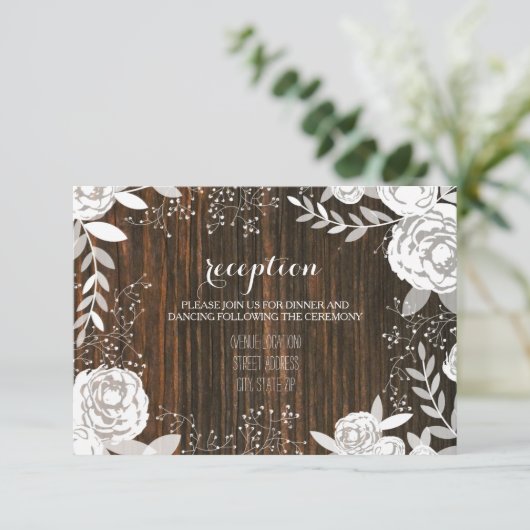 ホワイト フローラル バーンワード インスパイア ウェディング レセプション エンクロージャーカード (スタンド正面)