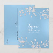ホワイト フローラル ブランチ ブルー セーブ・ザ・デート 招待状 (正面/裏面)
