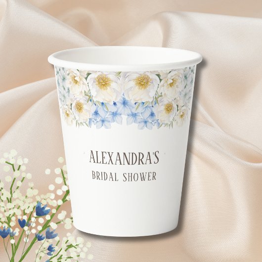 ホワイト フローラル ブルー ハイドランジア ガーデン ブライダル シャワー 紙コップ