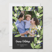 ホワイト フローラル ブルー ベリー ヘキサゴン ハッピー ホリデー シーズンカード (正面)