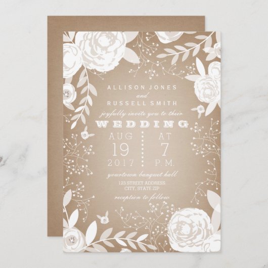 ホワイト フローラル ボーダー カードストック風 招待状 (正面/裏面)