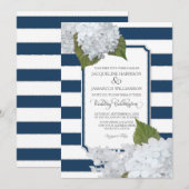 ホワイト フローラル モダン エレガント ネイビー ホワイト ストライプ 招待状 (正面/裏面)
