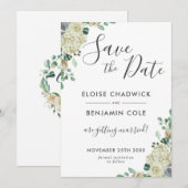 ホワイト フローラル ユーカリ ウェディング セーブ・ザ・デート カード (正面/裏面)