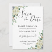 ホワイト フローラル ユーカリ 結婚式 Save the Date カード (正面)