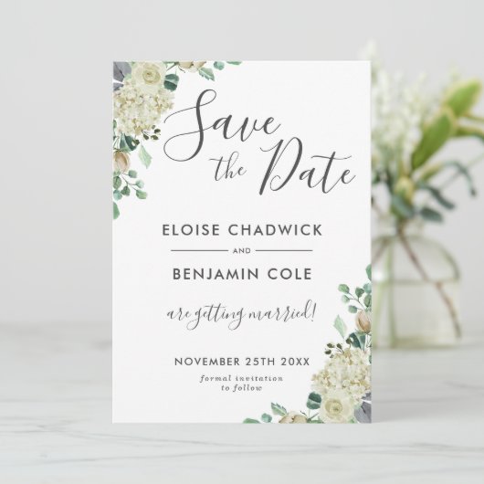 ホワイト フローラル ユーカリ 結婚式 Save the Date カード (スタンド正面)