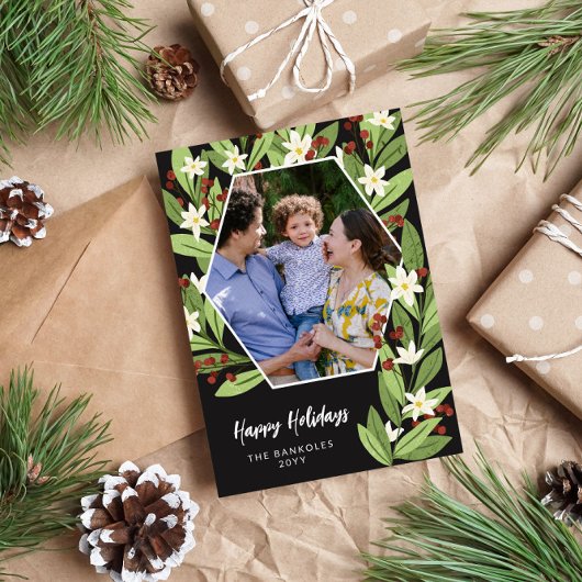 ホワイト フローラル レッド ベリー ヘキサゴン ハッピー ホリデー シーズンカード