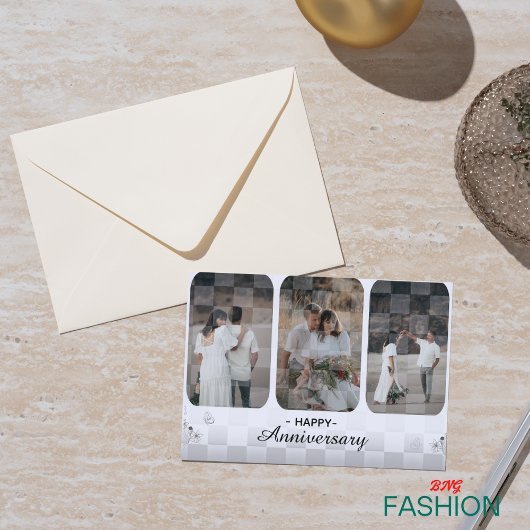 ホワイト&ブラウンのミニマリスト写真記念日カード 招待状
