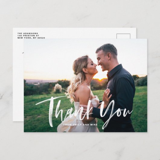 ホワイト ブラシレタリングオーバーレイ 結婚式 お礼 ポストカード (正面/裏面)