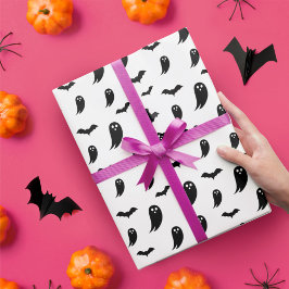 ホワイト&ブラックおもしろいハロウィーン幽霊&こうもりパターン ラッピングペーパー
