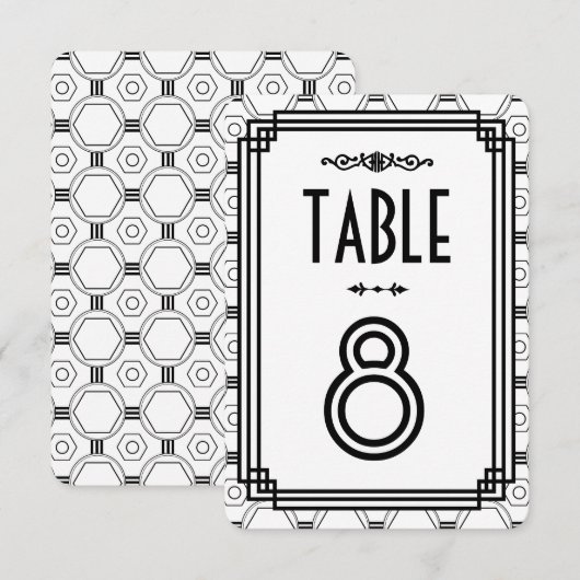 ホワイト&ブラックのアートデコ ウェディングテーブルナンバー 招待状 (正面/裏面)