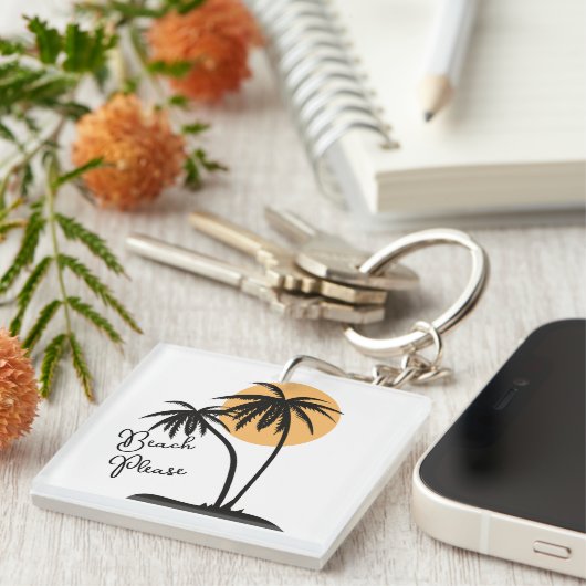 ホワイト&ブラックイエロービーチアクリルキーチェーン キーホルダー (正面右)